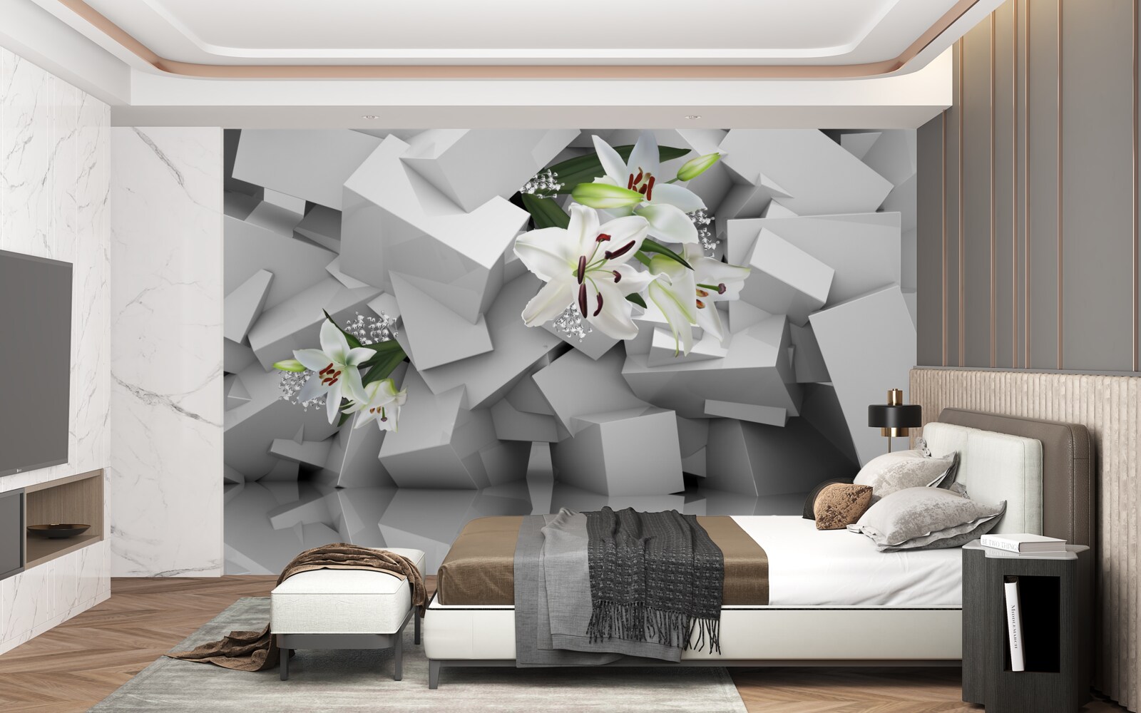 Фотошпалери геометричне тло, прикрашене білими бутонами лілій