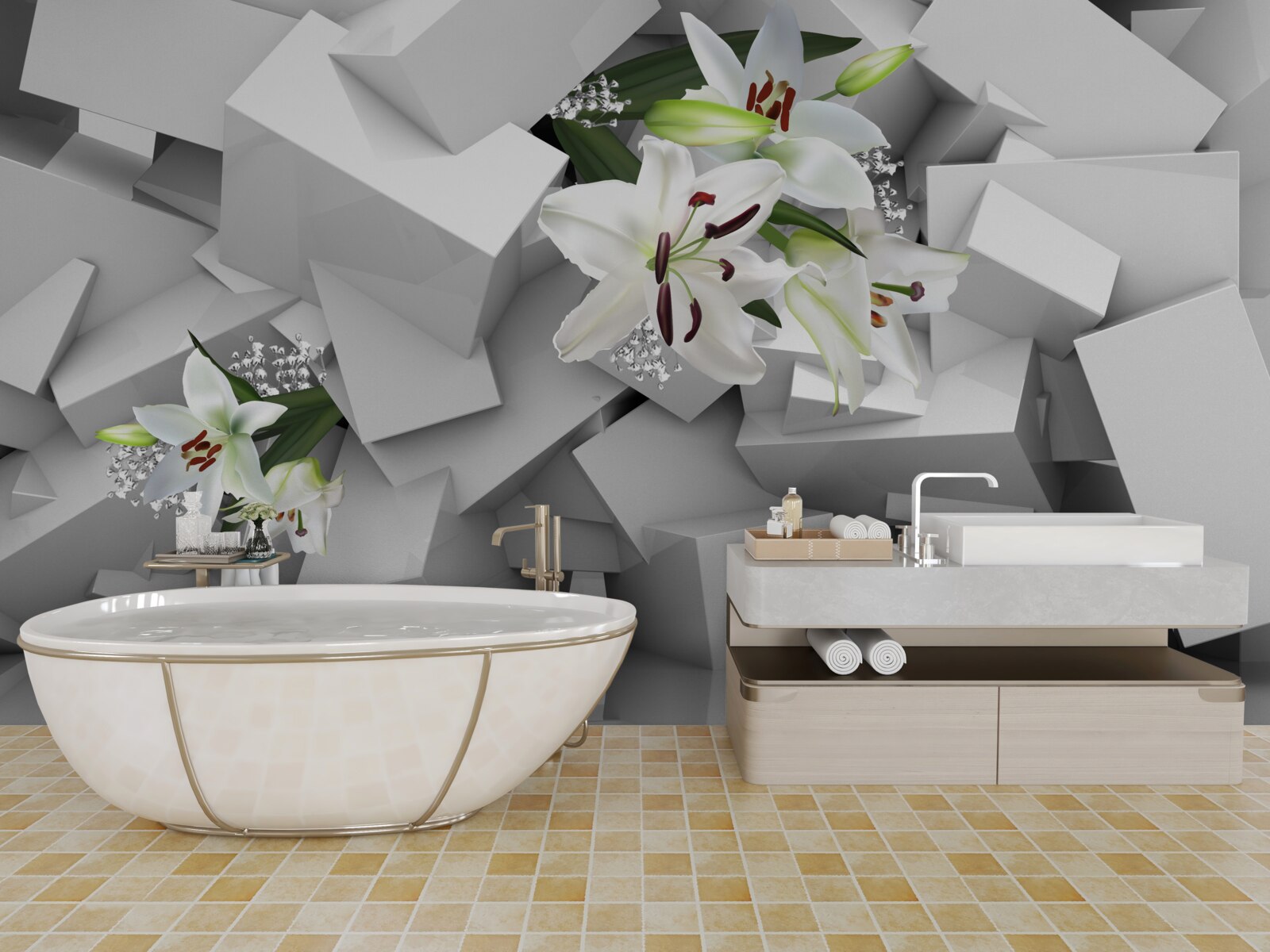Фотошпалери геометричне тло, прикрашене білими бутонами лілій