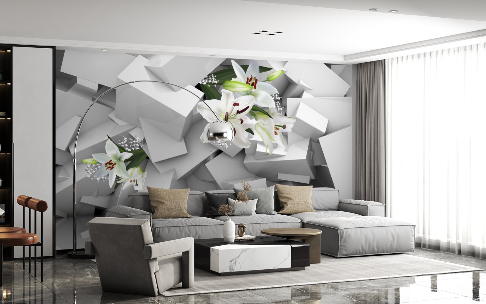Фотошпалери геометричне тло, прикрашене білими бутонами лілій