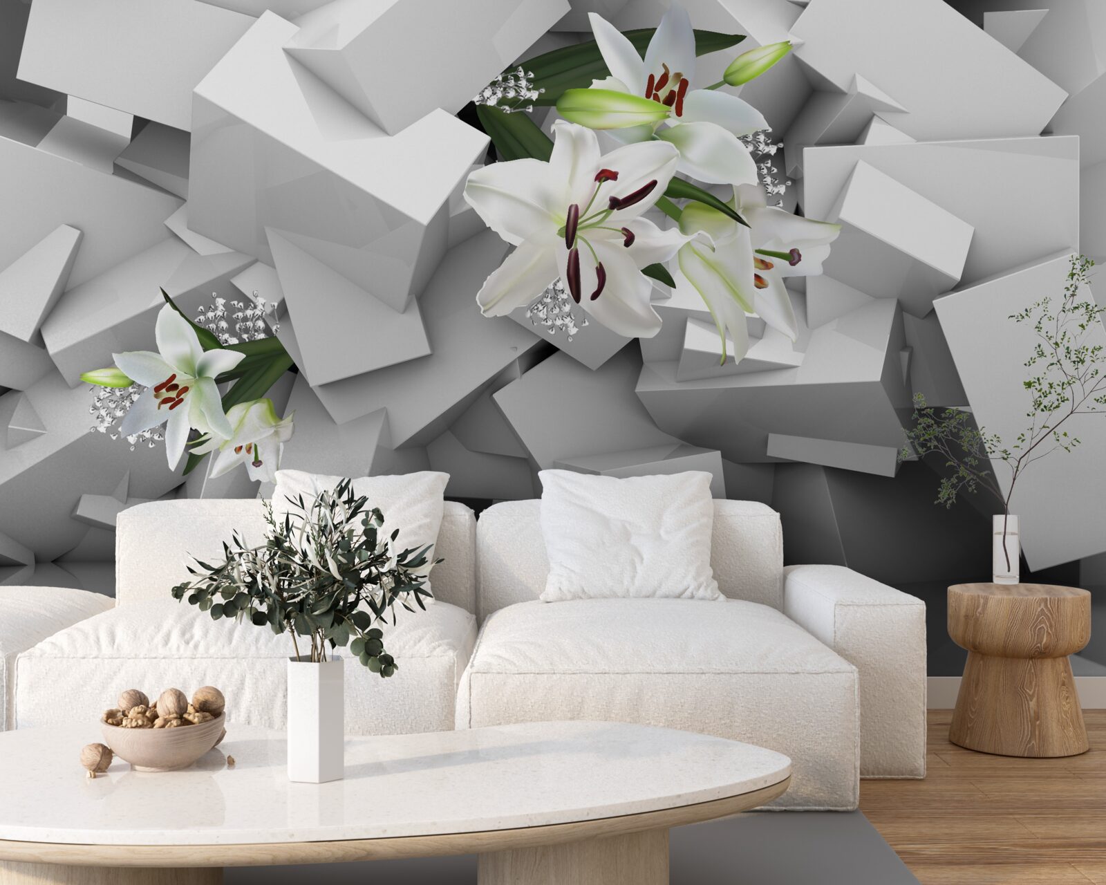 Фотошпалери геометричне тло, прикрашене білими бутонами лілій