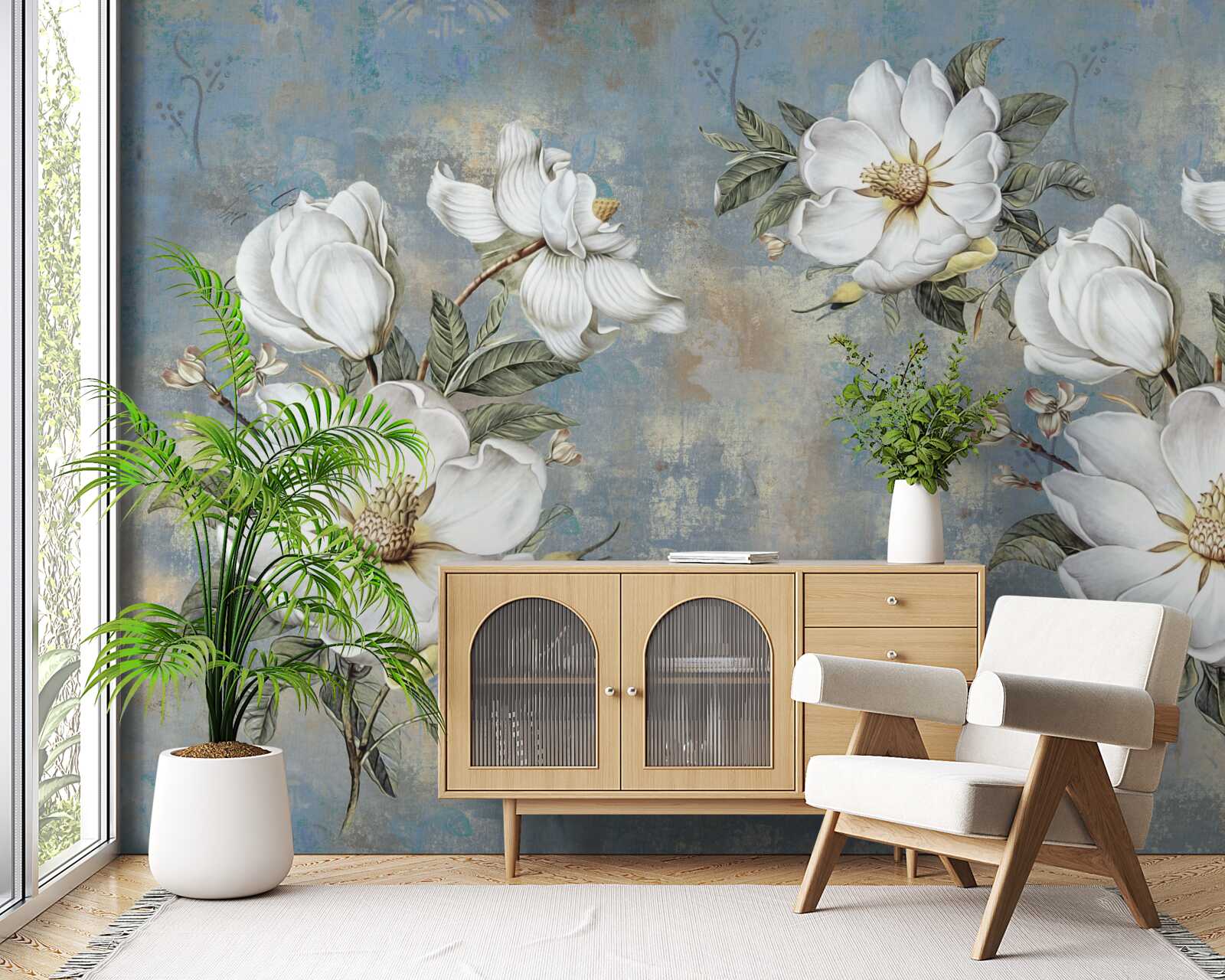 Фотошпалери Білосніжні квіти на пофарбованій бетонній стіні