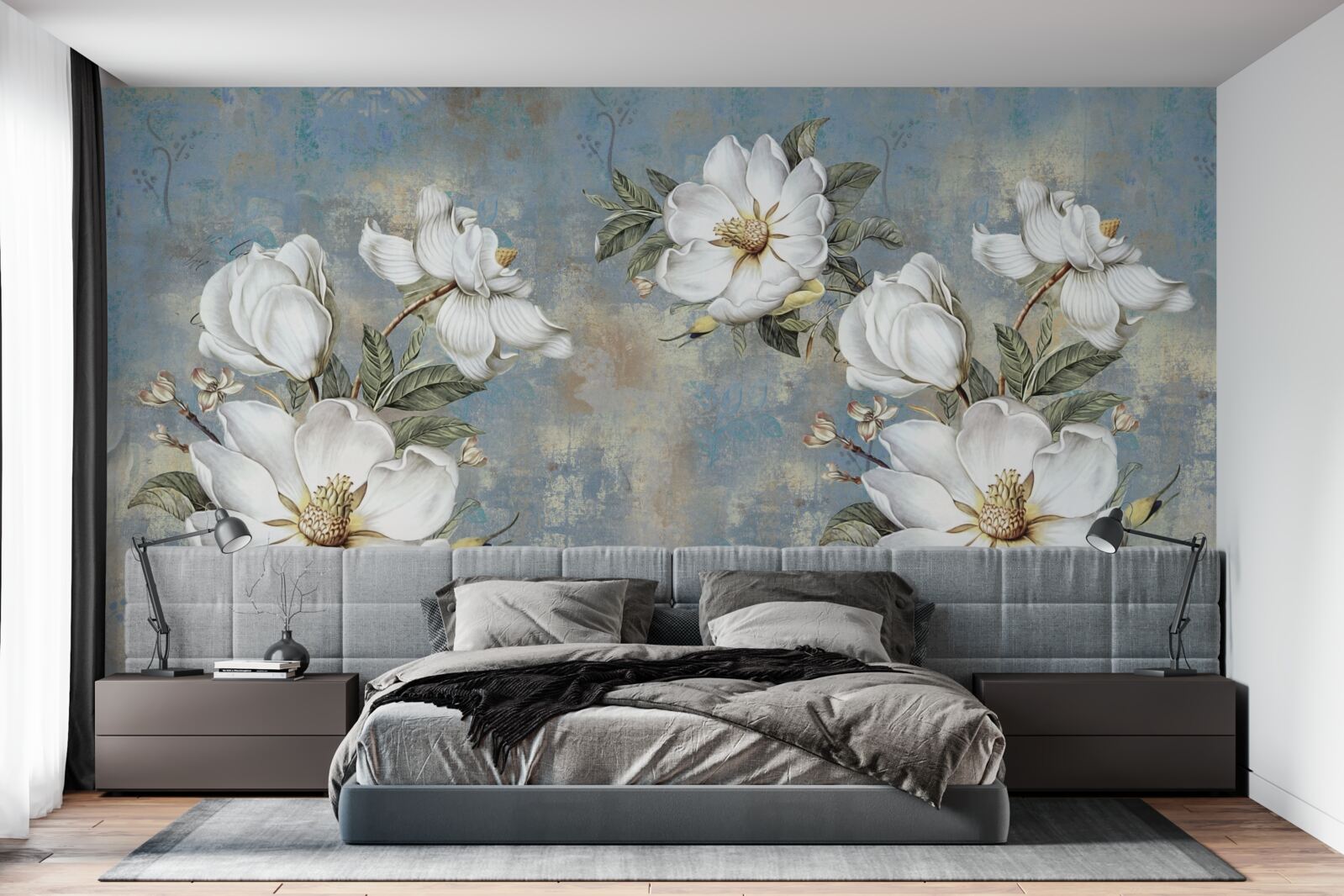 Фотошпалери Білосніжні квіти на пофарбованій бетонній стіні