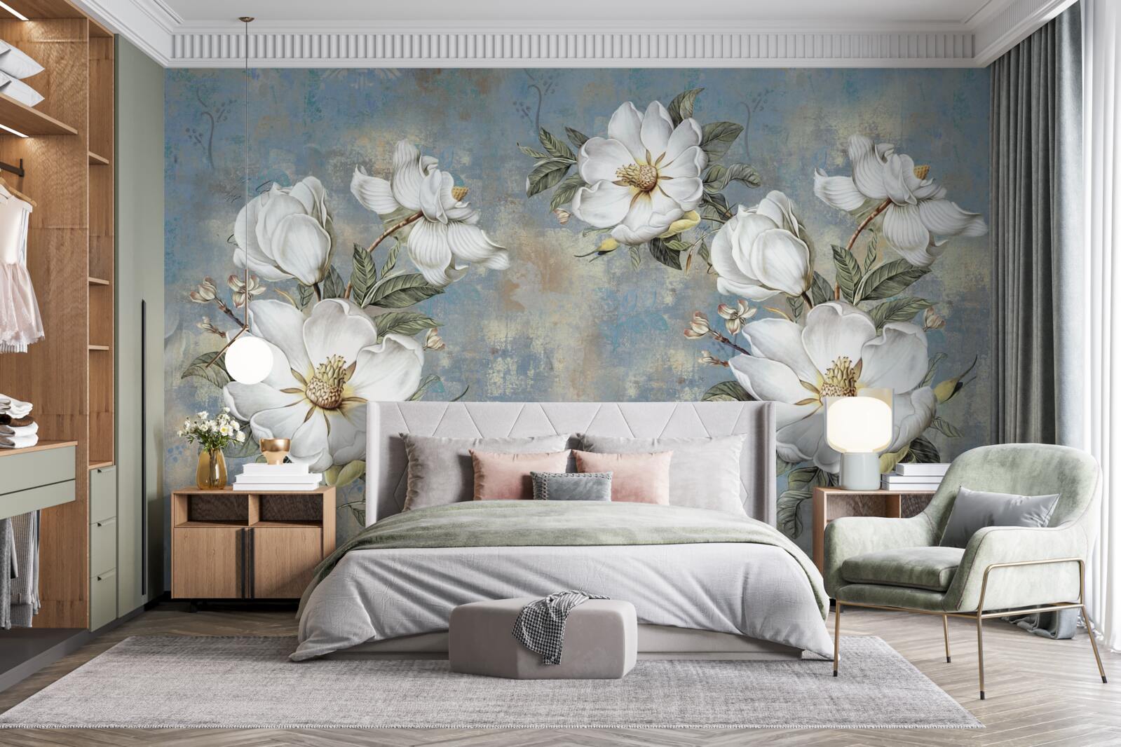 Фотошпалери Білосніжні квіти на пофарбованій бетонній стіні