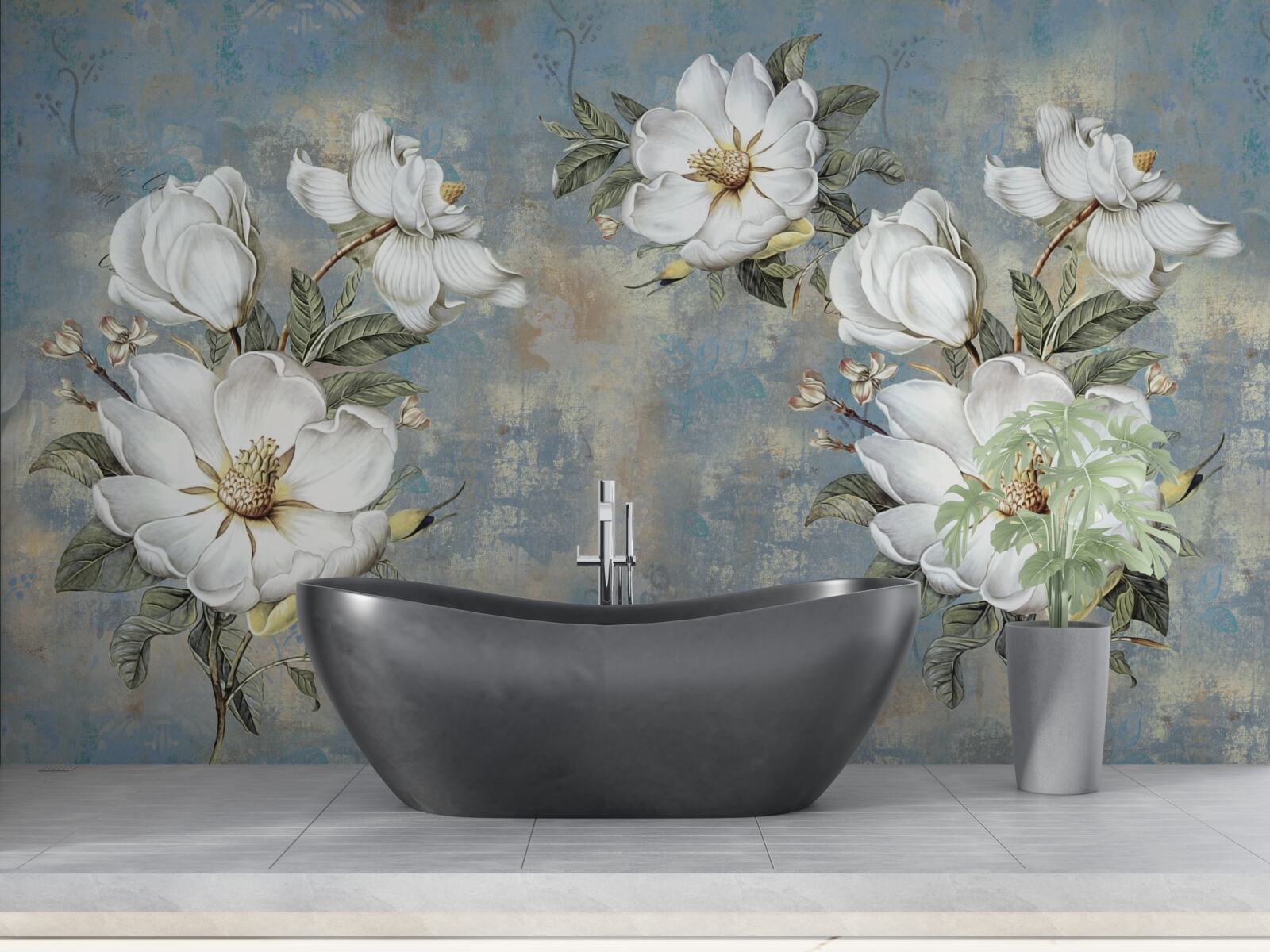 Фотошпалери Білосніжні квіти на пофарбованій бетонній стіні