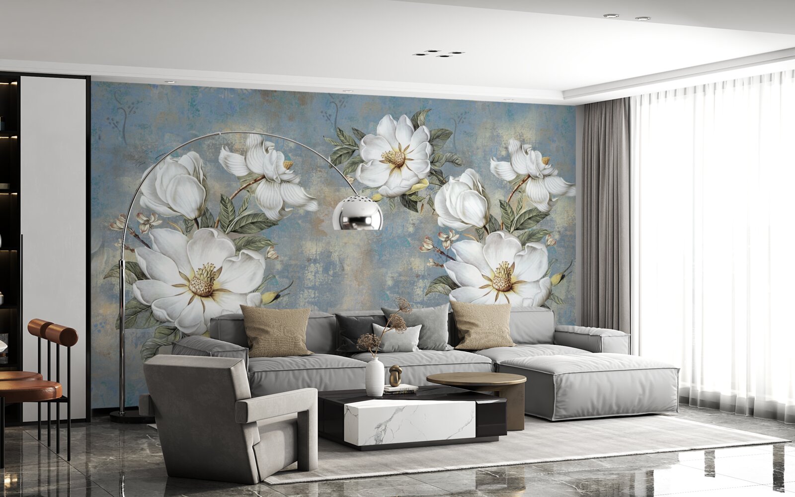 Фотошпалери Білосніжні квіти на пофарбованій бетонній стіні