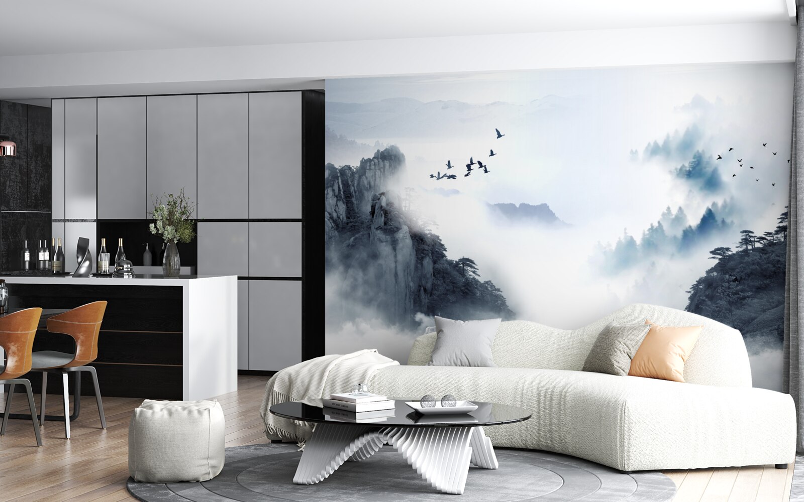 Фотошпалери у страху перед холодним туманом птахи злітають у височінь