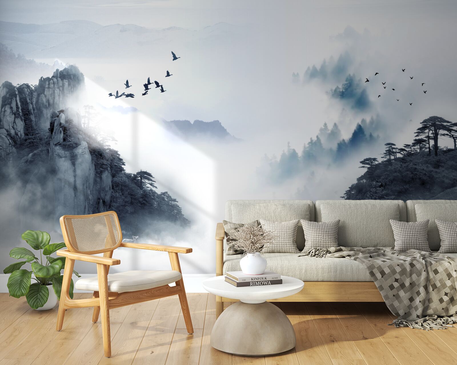 Фотошпалери у страху перед холодним туманом птахи злітають у височінь