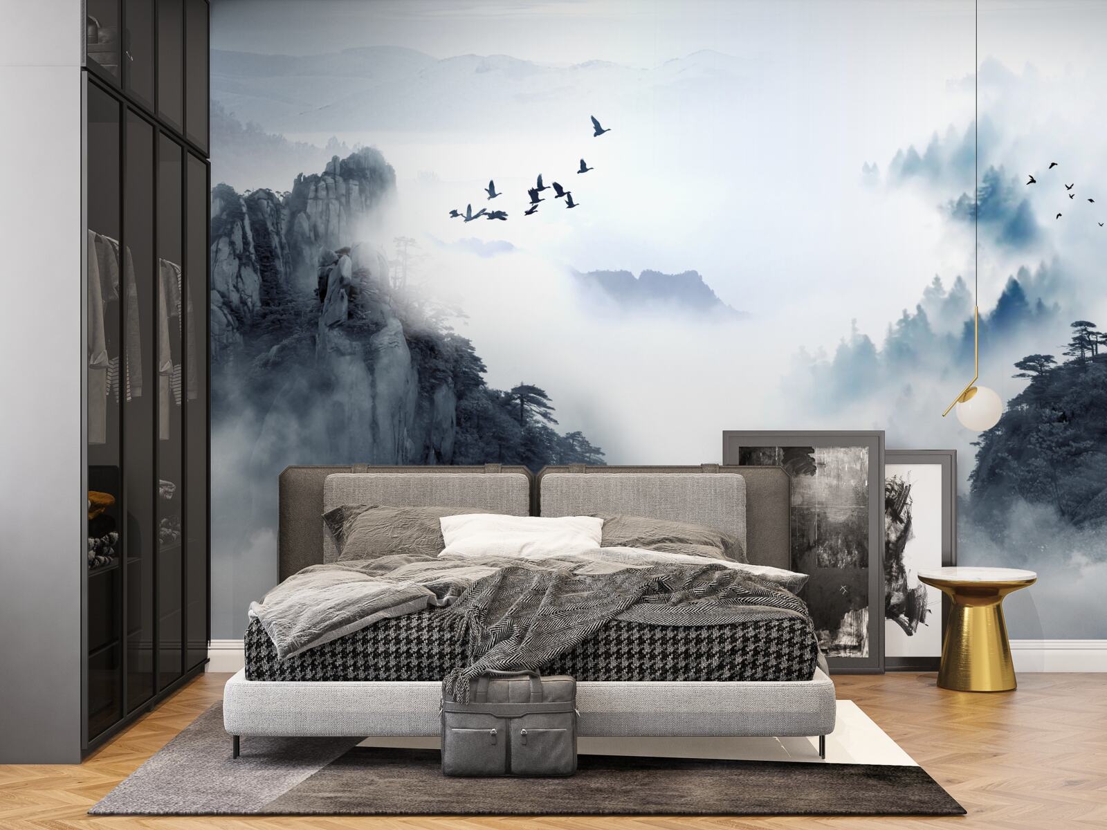 Фотошпалери у страху перед холодним туманом птахи злітають у височінь