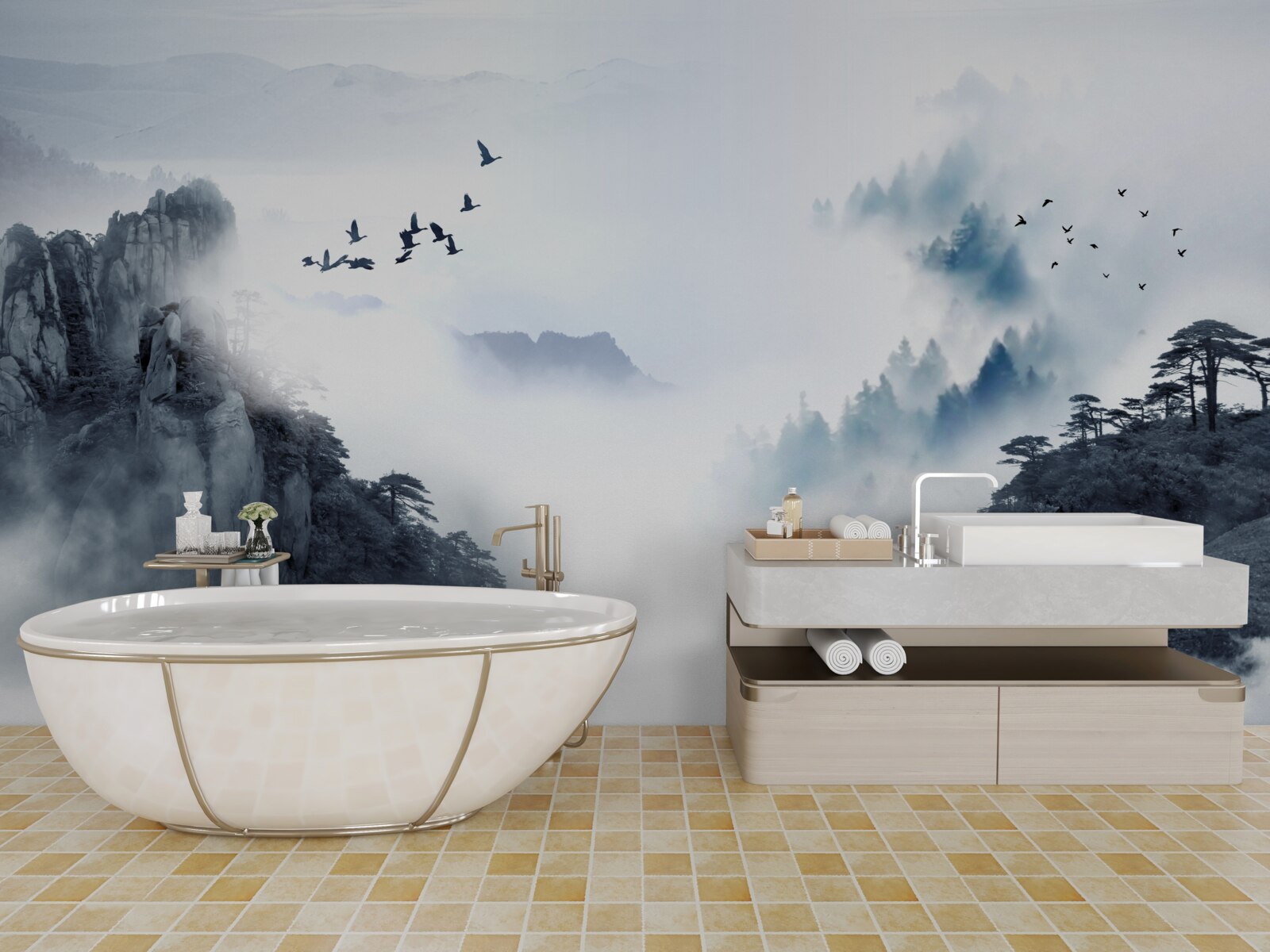 Фотошпалери у страху перед холодним туманом птахи злітають у височінь