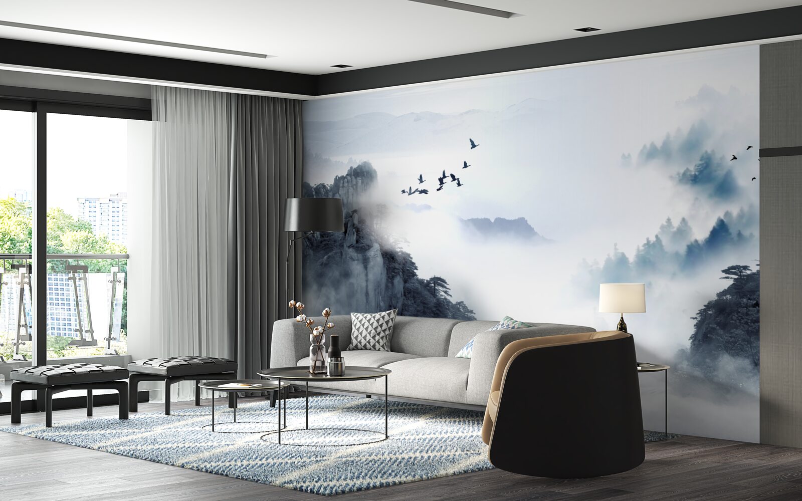 Фотошпалери у страху перед холодним туманом птахи злітають у височінь