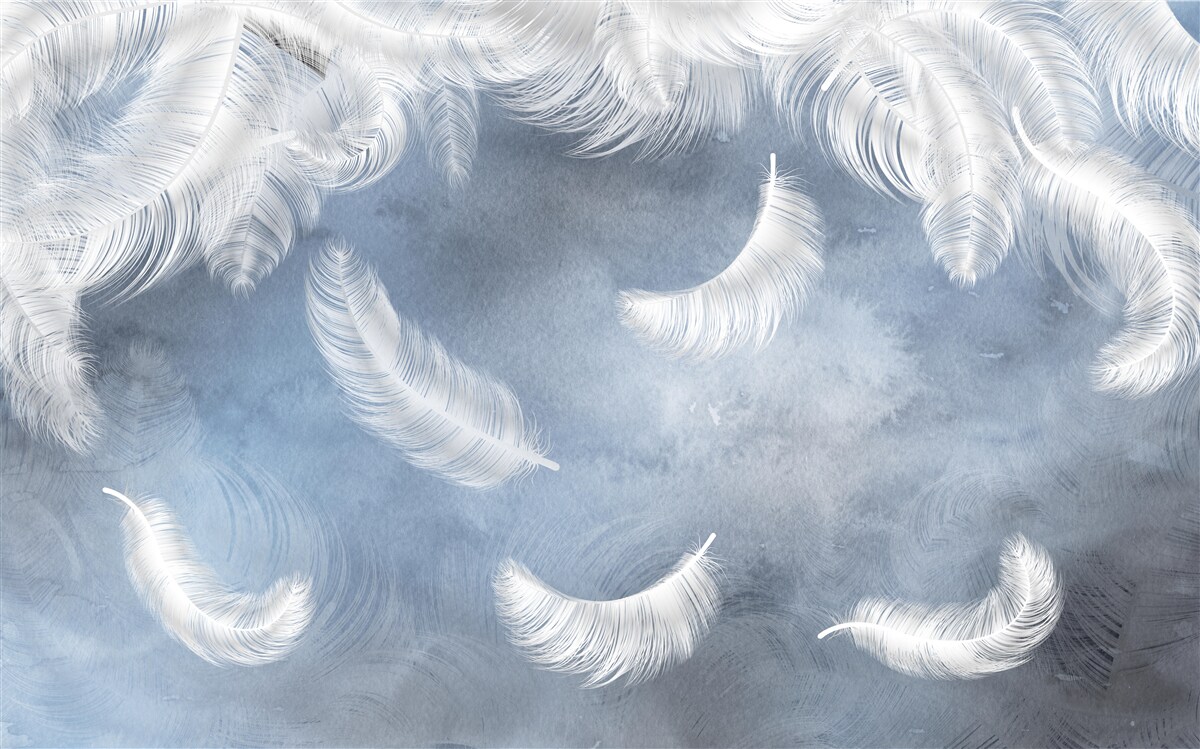 Фотошпалери пір'я летить сніжно-біле на тлі блакитного неба