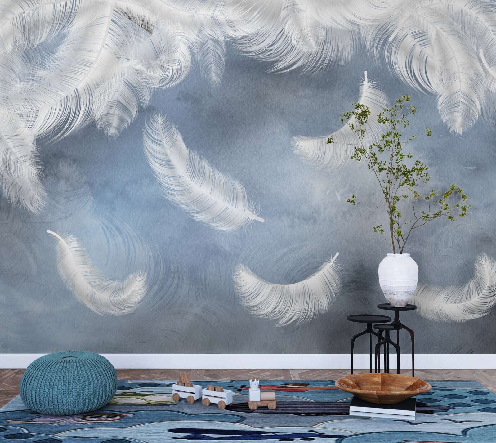 Фотошпалери пір'я летить сніжно-біле на тлі блакитного неба