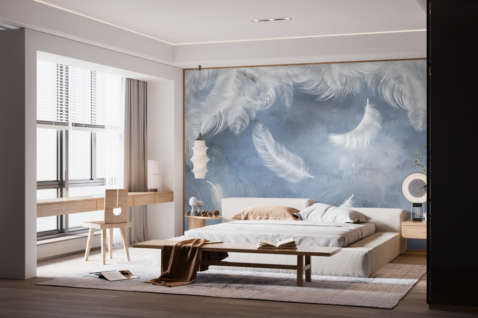 Фотошпалери пір'я летить сніжно-біле на тлі блакитного неба