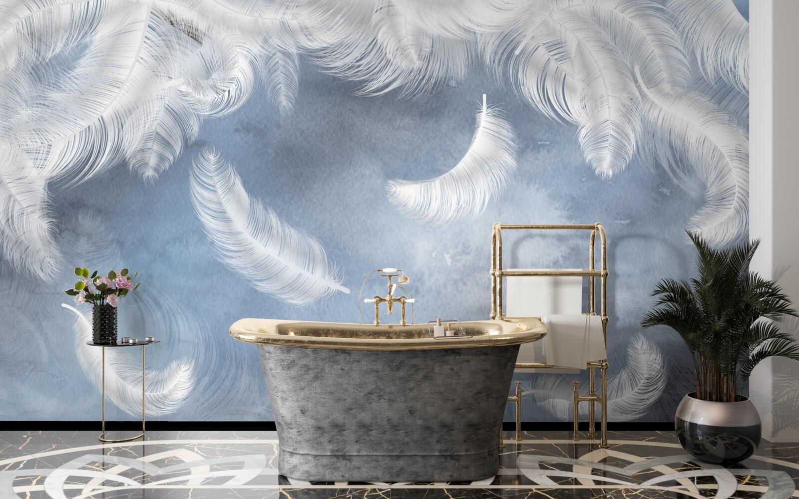 Фотошпалери пір'я летить сніжно-біле на тлі блакитного неба