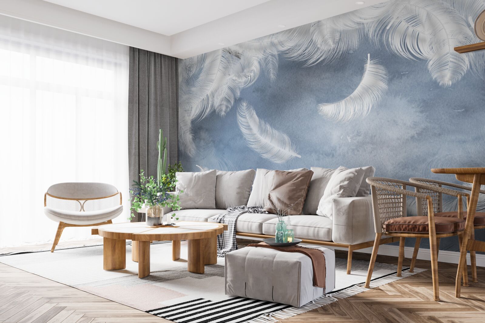 Фотошпалери пір'я летить сніжно-біле на тлі блакитного неба