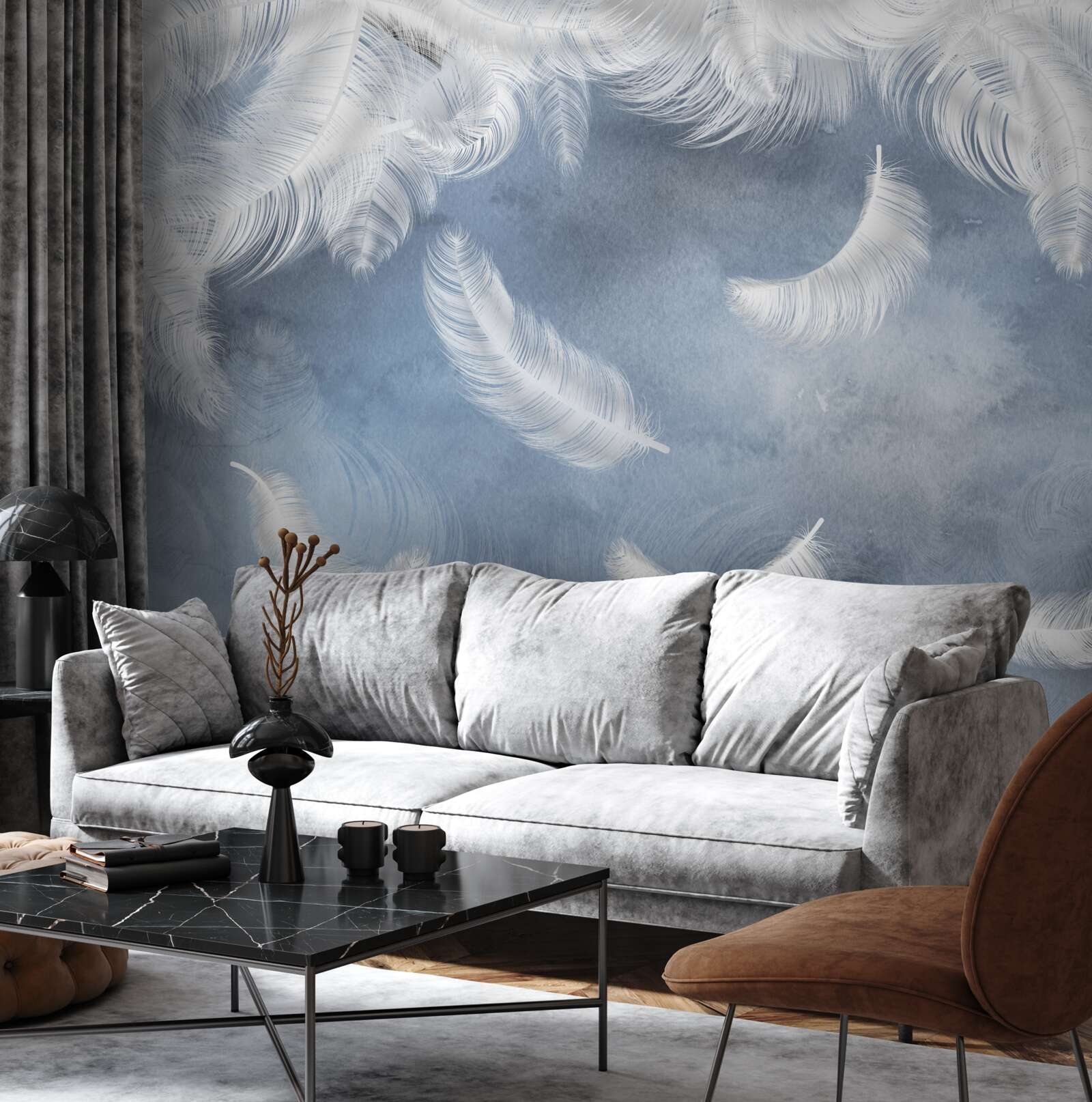 Фотошпалери пір'я летить сніжно-біле на тлі блакитного неба