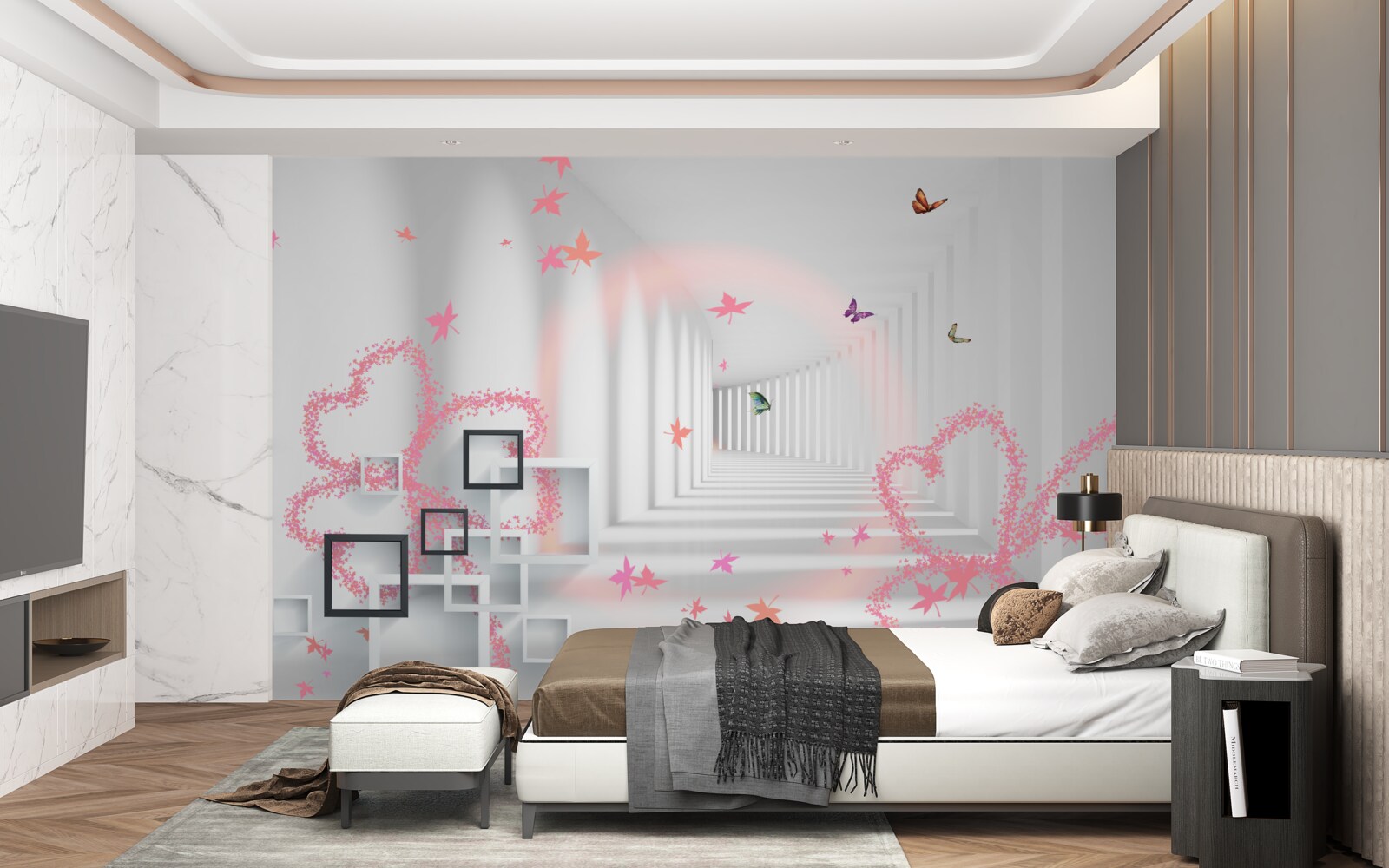 Фотошпалери абстрактні метелики у формі рожевих сердець