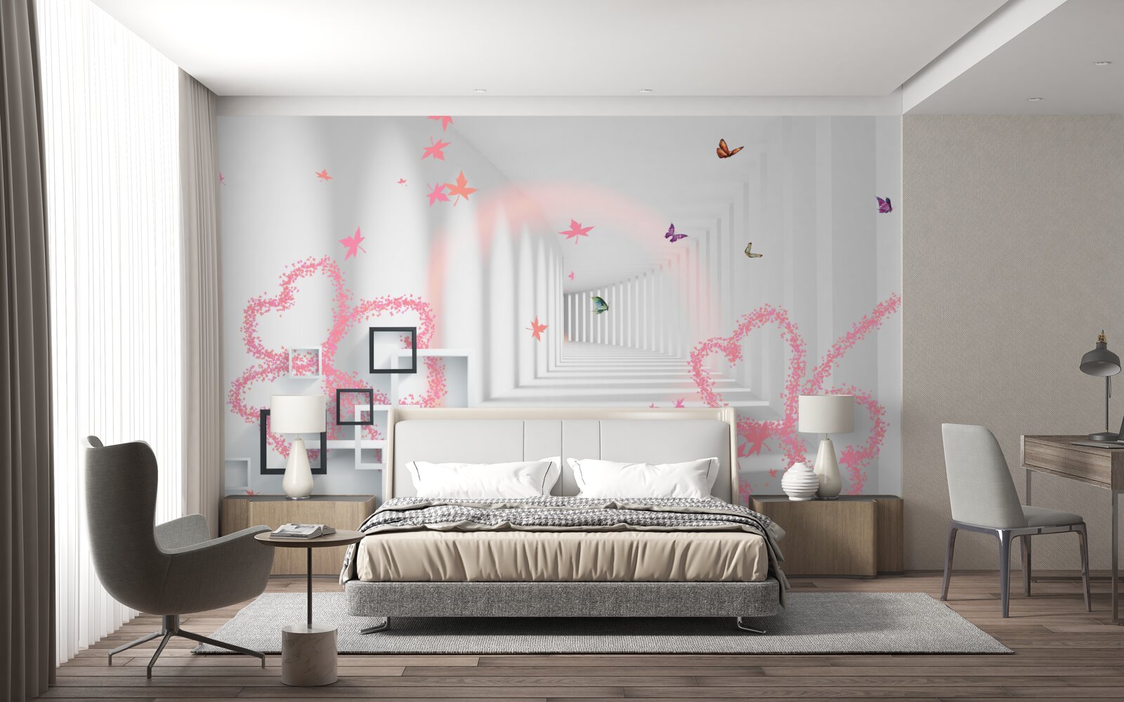 Фотошпалери абстрактні метелики у формі рожевих сердець