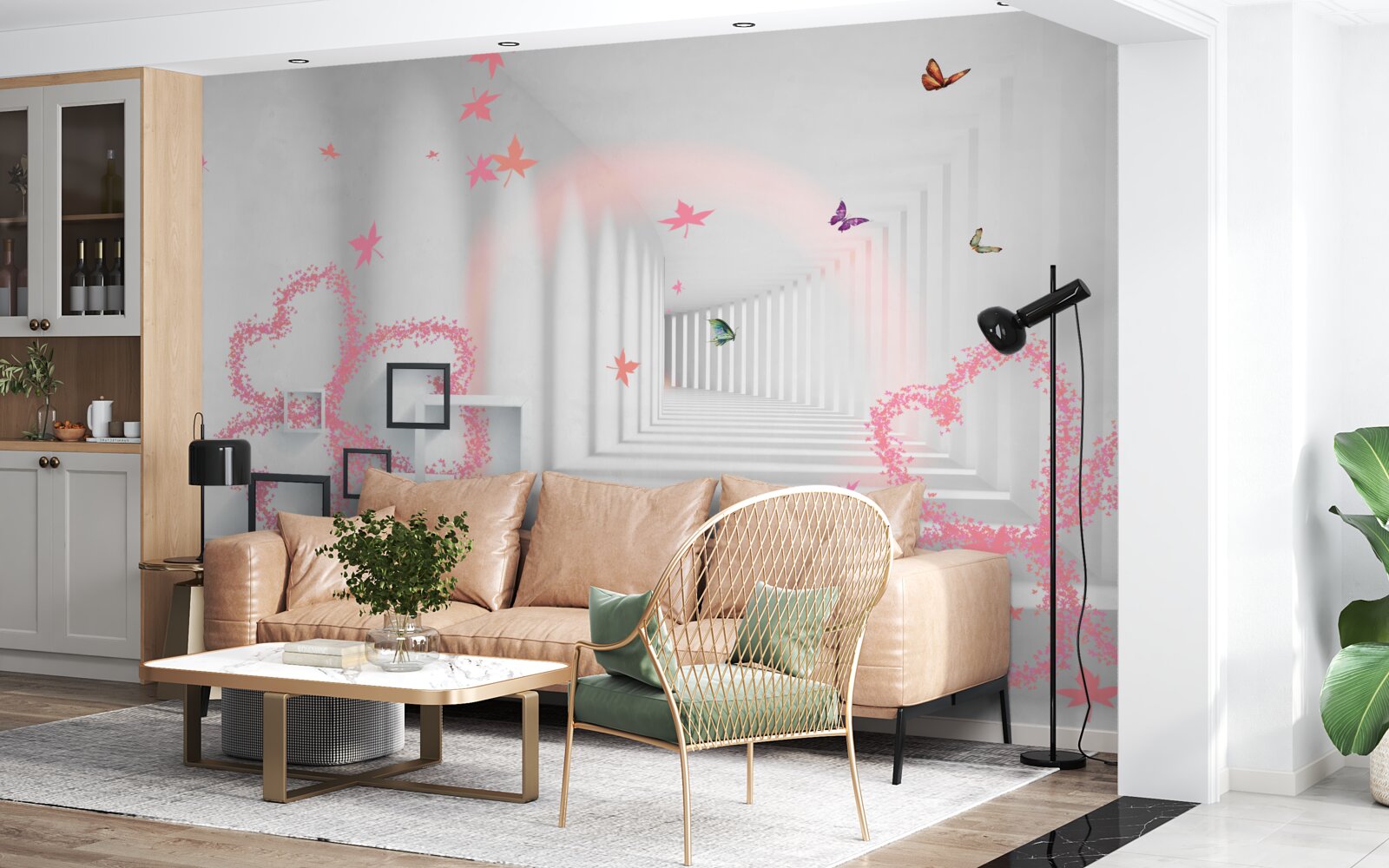Фотошпалери абстрактні метелики у формі рожевих сердець
