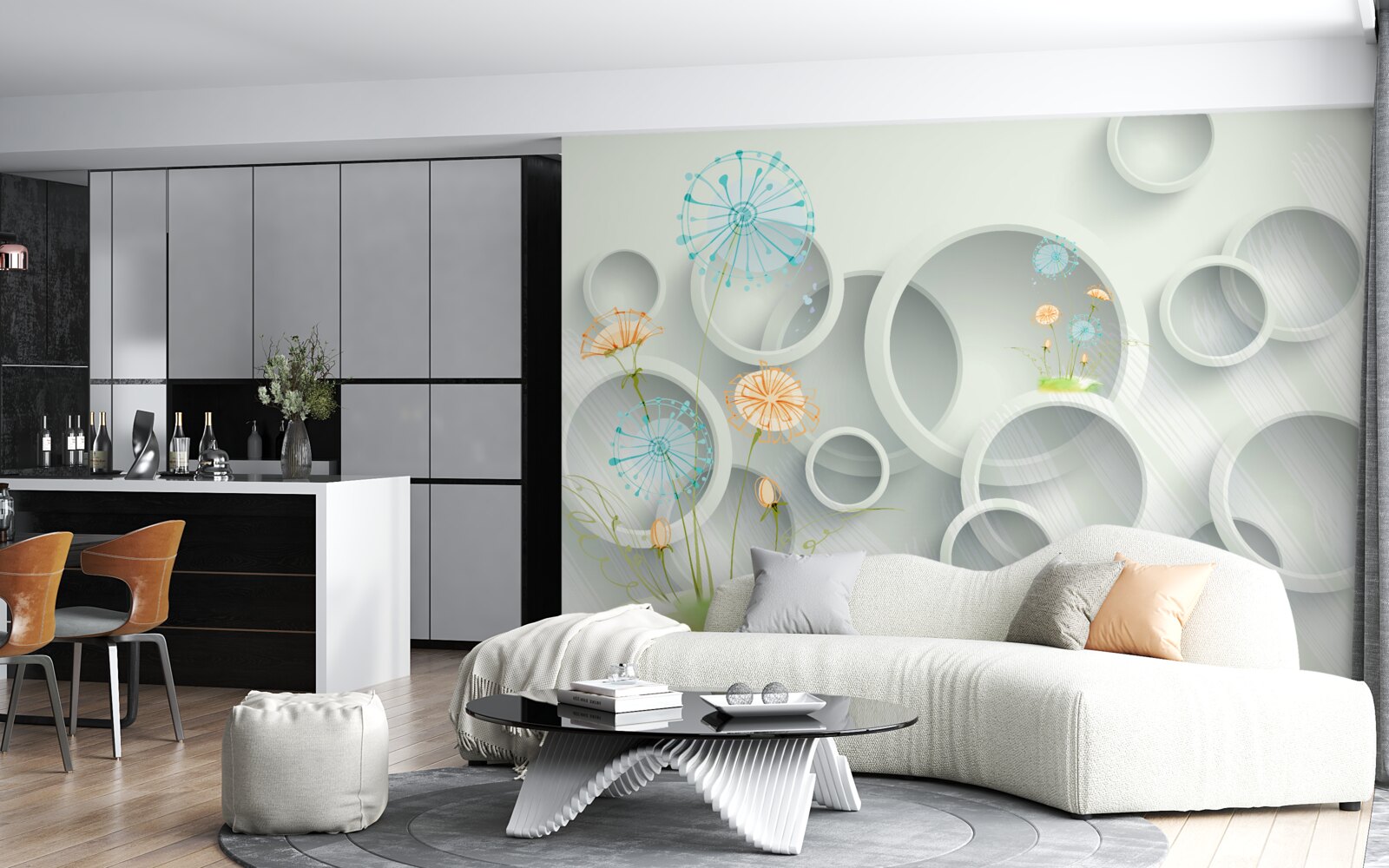 Фотошпалери на тлі кіл на лузі цвітуть кульбаби