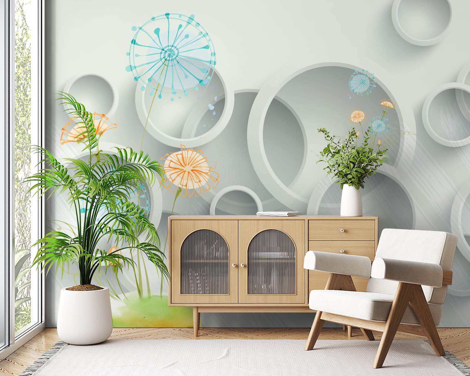 Фотошпалери на тлі кіл на лузі цвітуть кульбаби