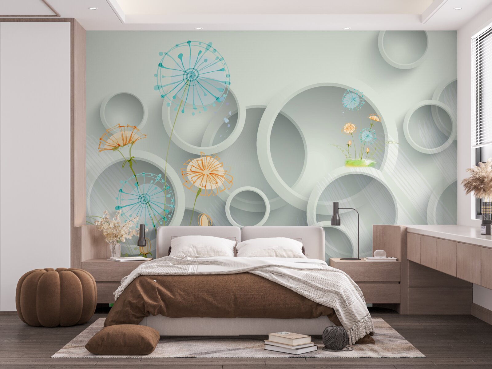 Фотошпалери на тлі кіл на лузі цвітуть кульбаби