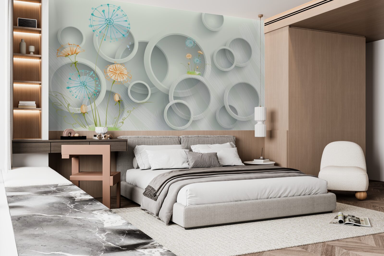 Фотошпалери на тлі кіл на лузі цвітуть кульбаби