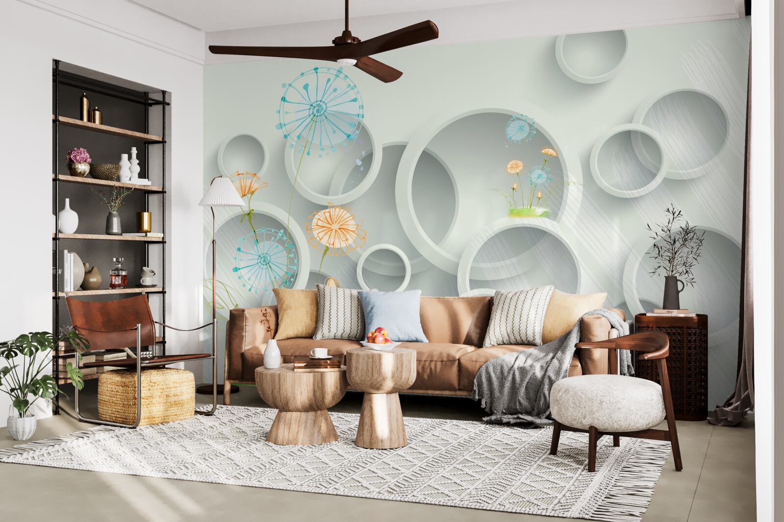 Фотошпалери на тлі кіл на лузі цвітуть кульбаби