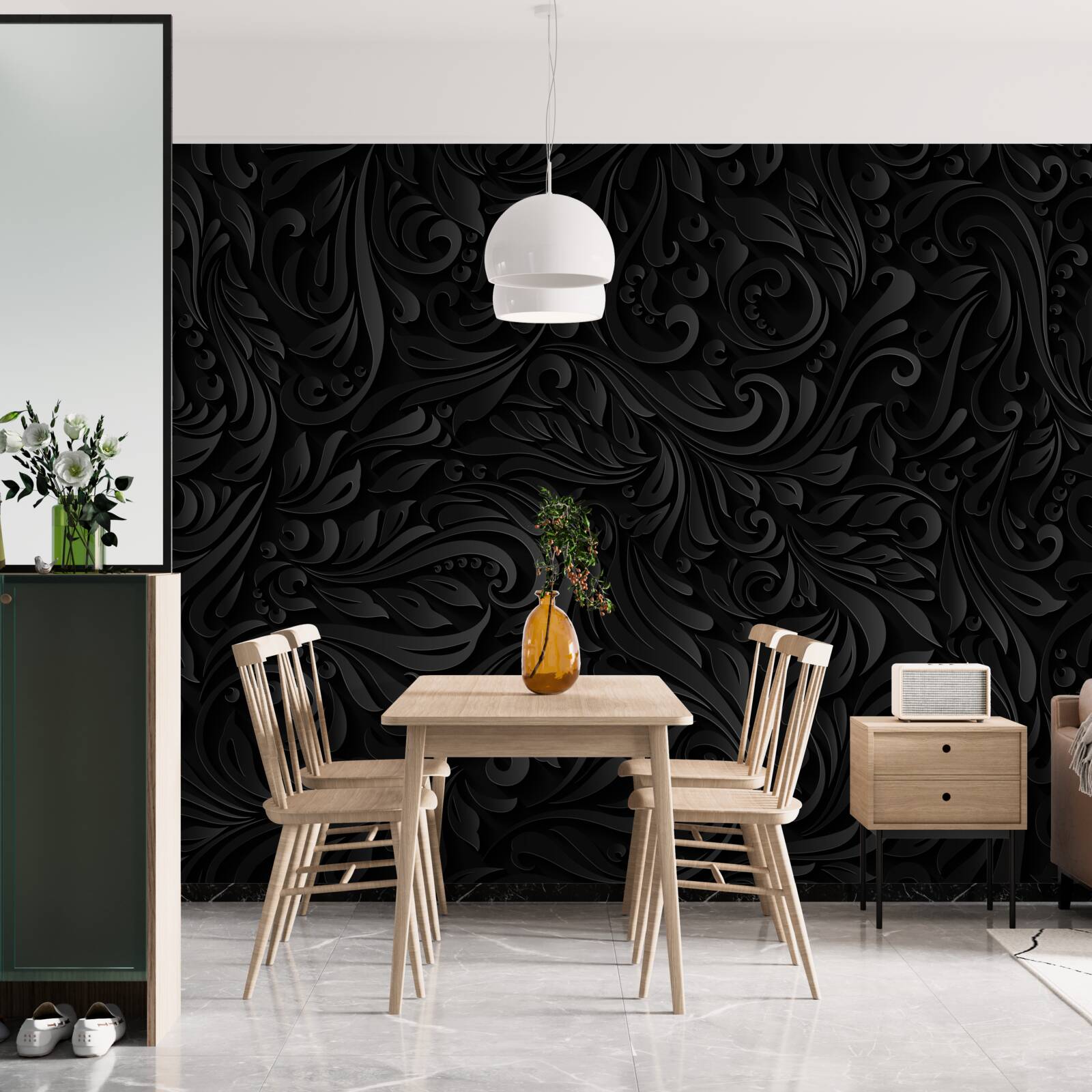 Фотошпалери фактурне листя та чорні квіти