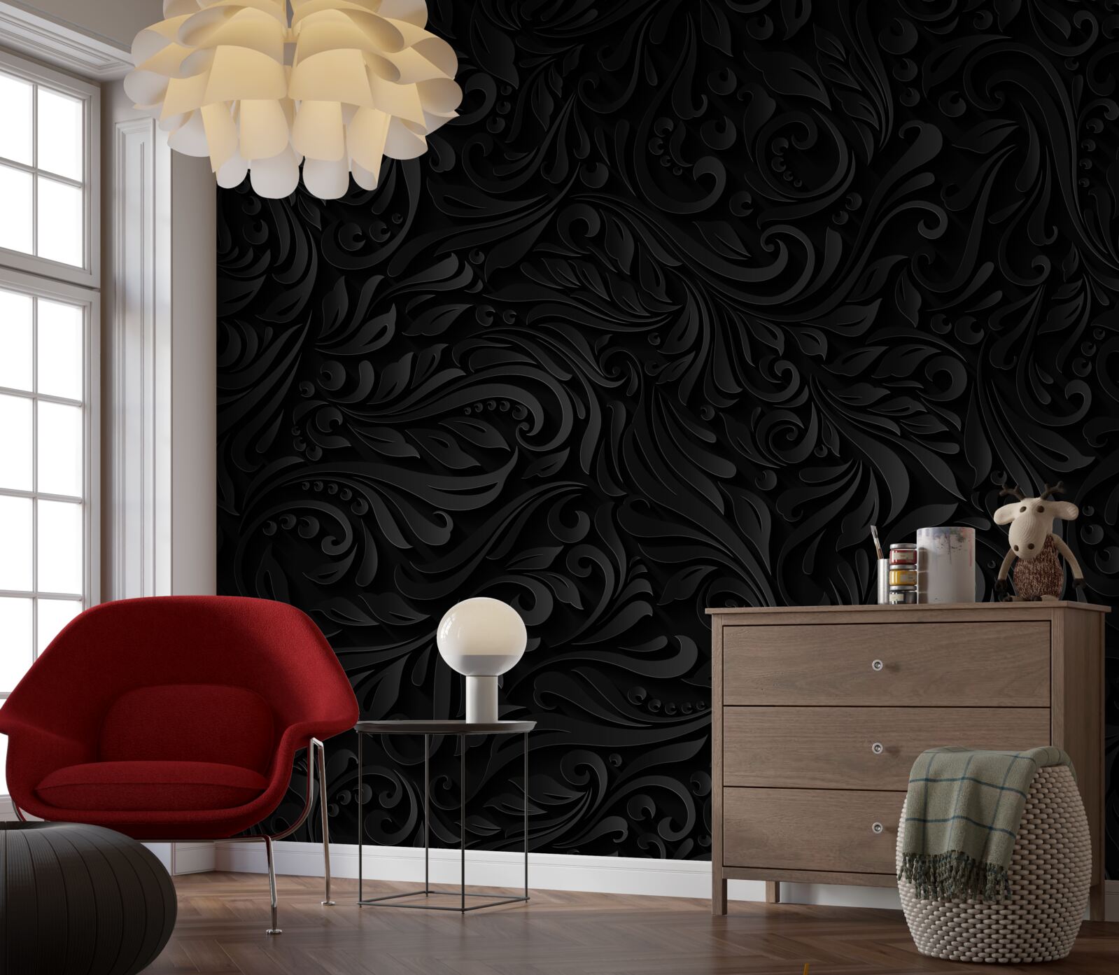 Фотошпалери фактурне листя та чорні квіти