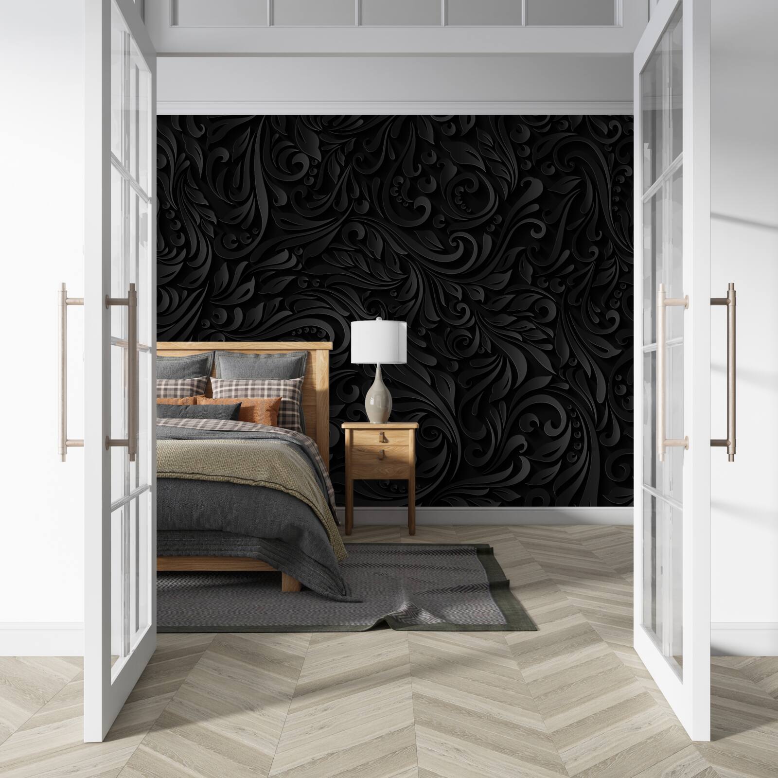 Фотошпалери фактурне листя та чорні квіти