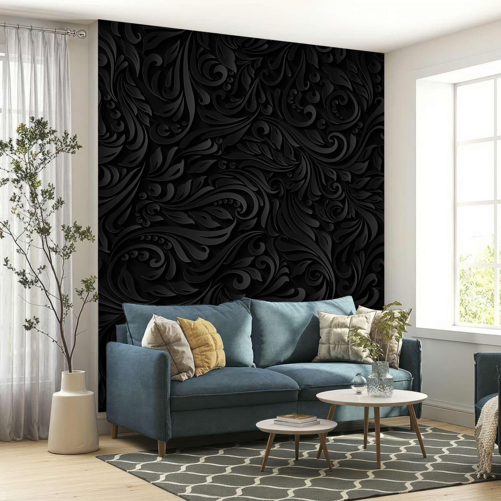 Фотошпалери фактурне листя та чорні квіти