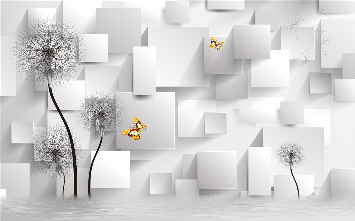 Фотошпалери абстрактні білі квадрати з кульбабами на передньому плані