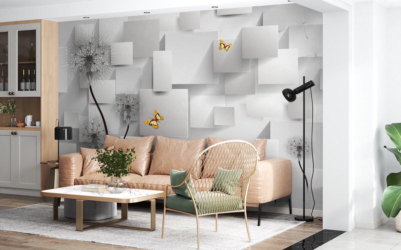 Фотошпалери абстрактні білі квадрати з кульбабами на передньому плані