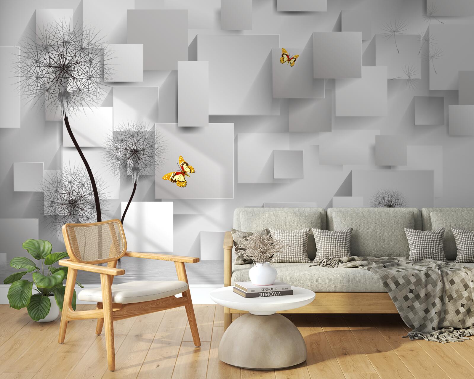 Фотошпалери абстрактні білі квадрати з кульбабами на передньому плані