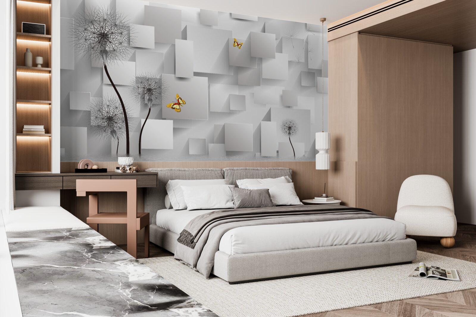 Фотошпалери абстрактні білі квадрати з кульбабами на передньому плані