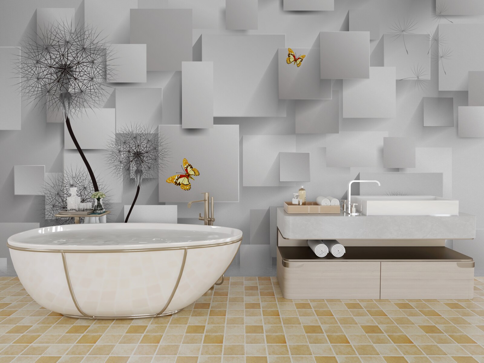 Фотошпалери абстрактні білі квадрати з кульбабами на передньому плані