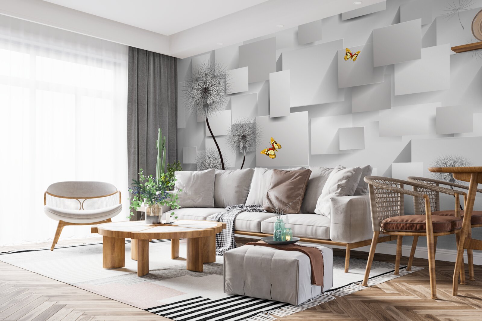 Фотошпалери абстрактні білі квадрати з кульбабами на передньому плані