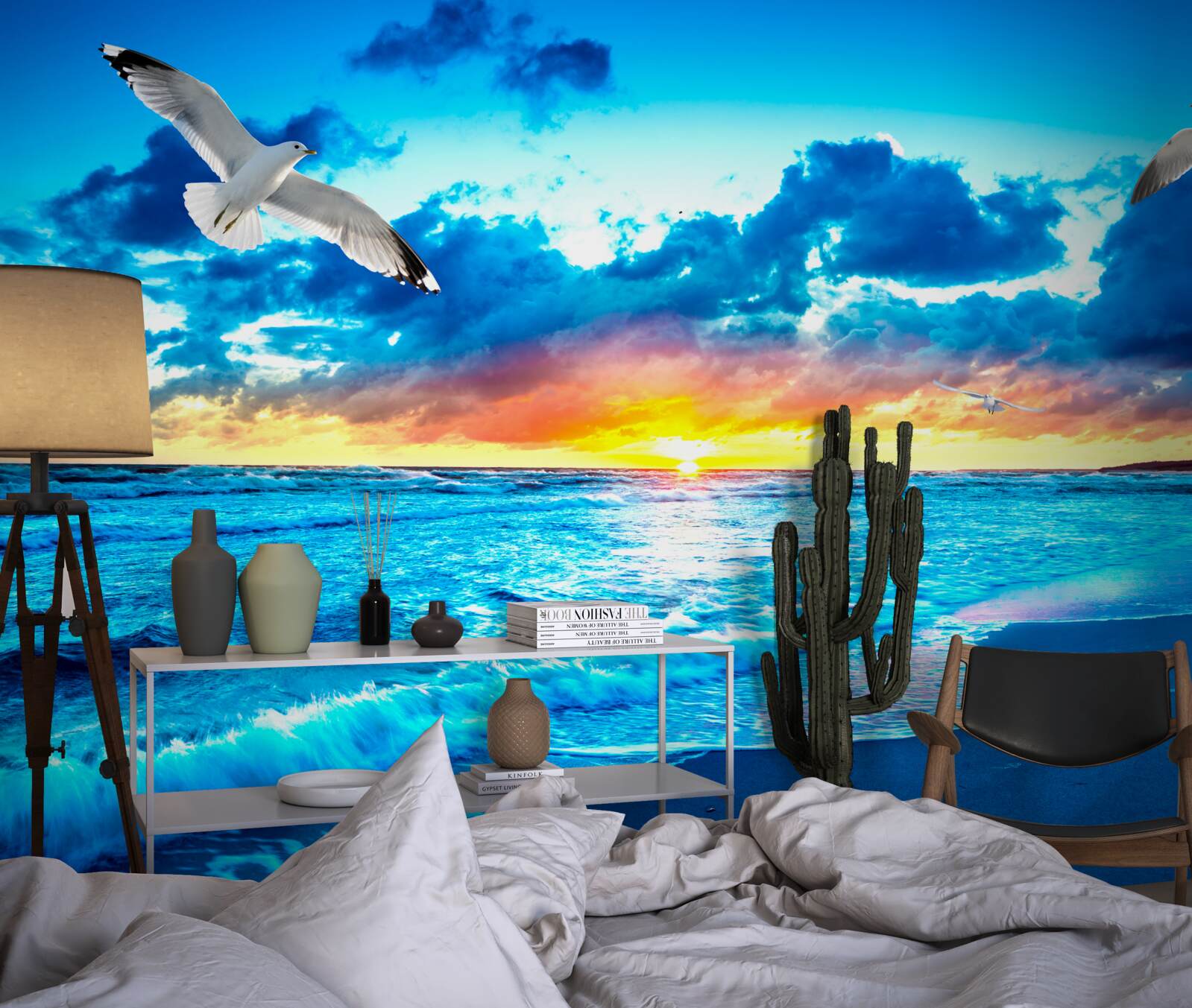 Фотошпалери захід сонця над морем і мрійливі чайки