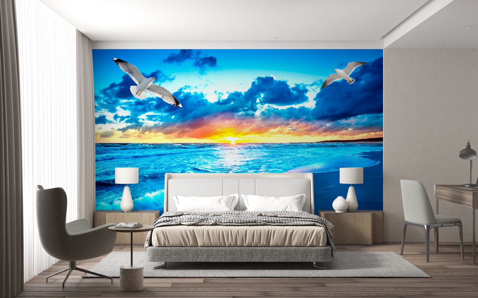 Фотошпалери захід сонця над морем і мрійливі чайки