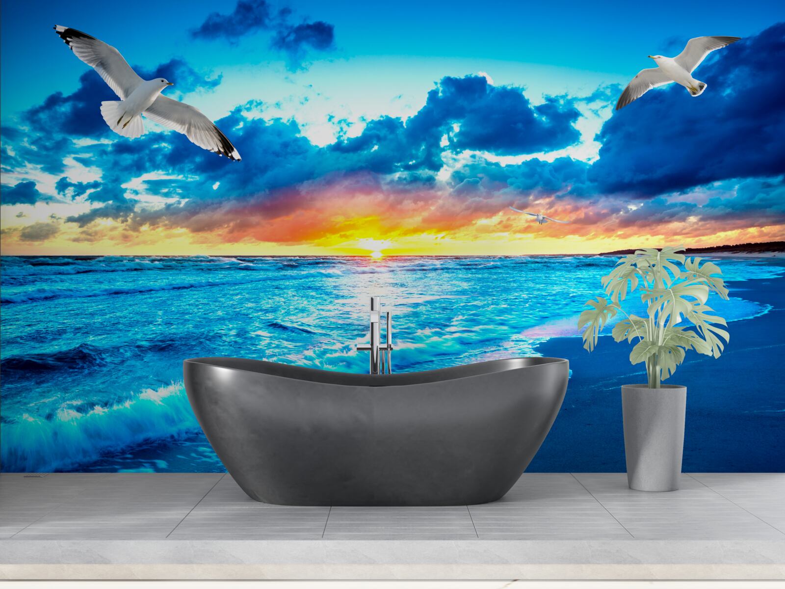 Фотошпалери захід сонця над морем і мрійливі чайки