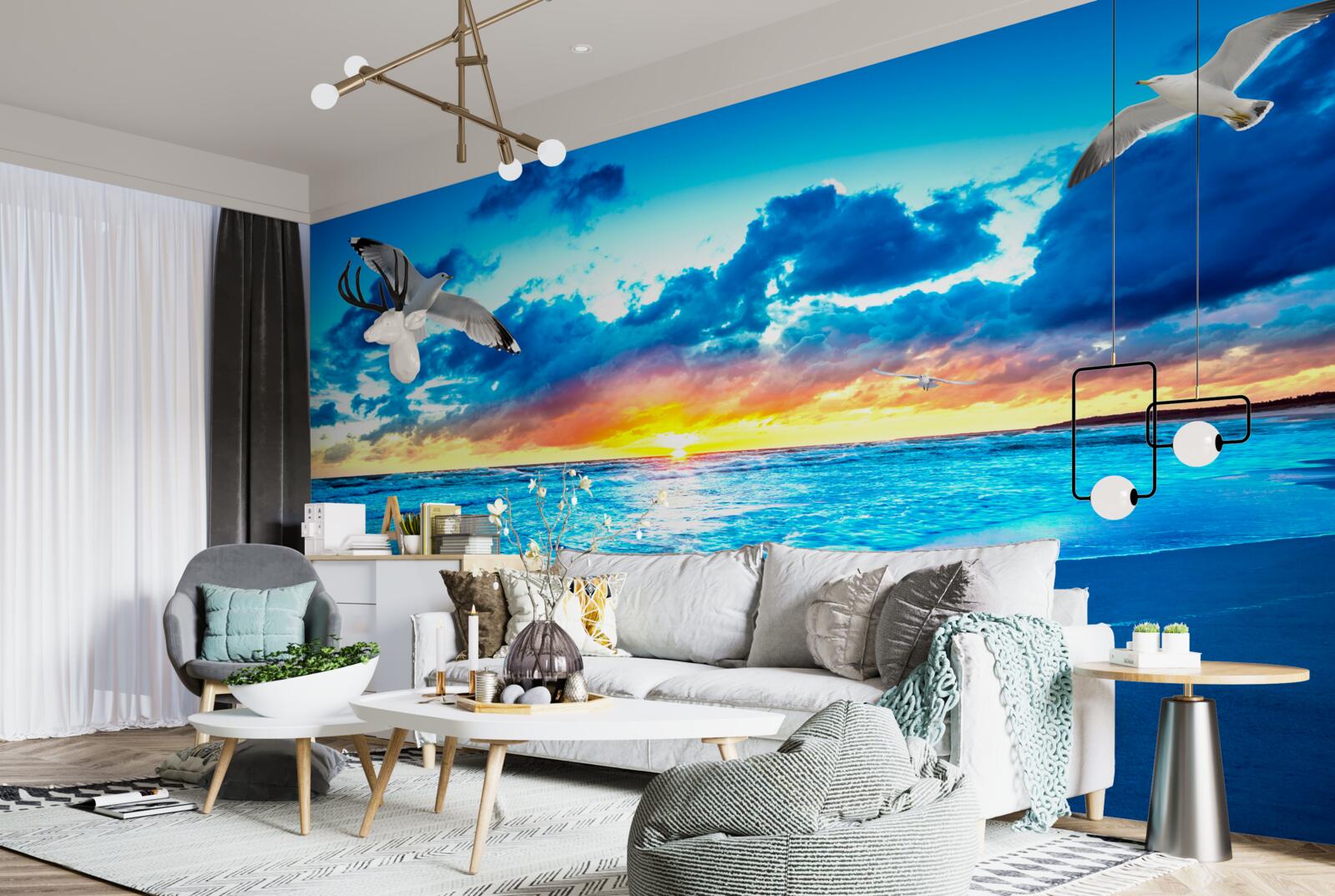 Фотошпалери захід сонця над морем і мрійливі чайки