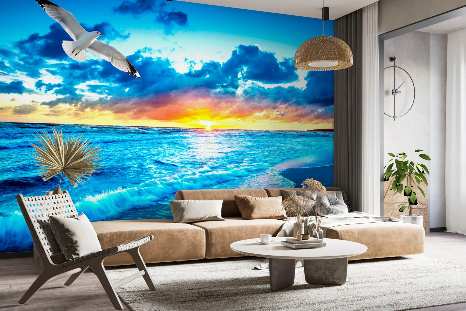 Фотошпалери захід сонця над морем і мрійливі чайки