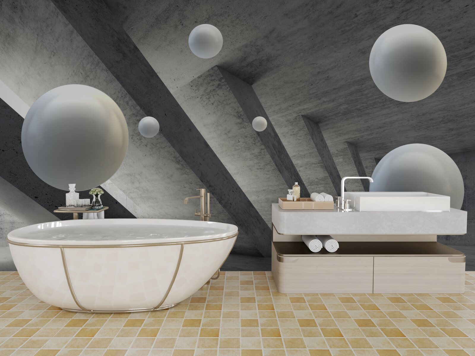 Фотошпалери кульки білого кольору в цементному проході