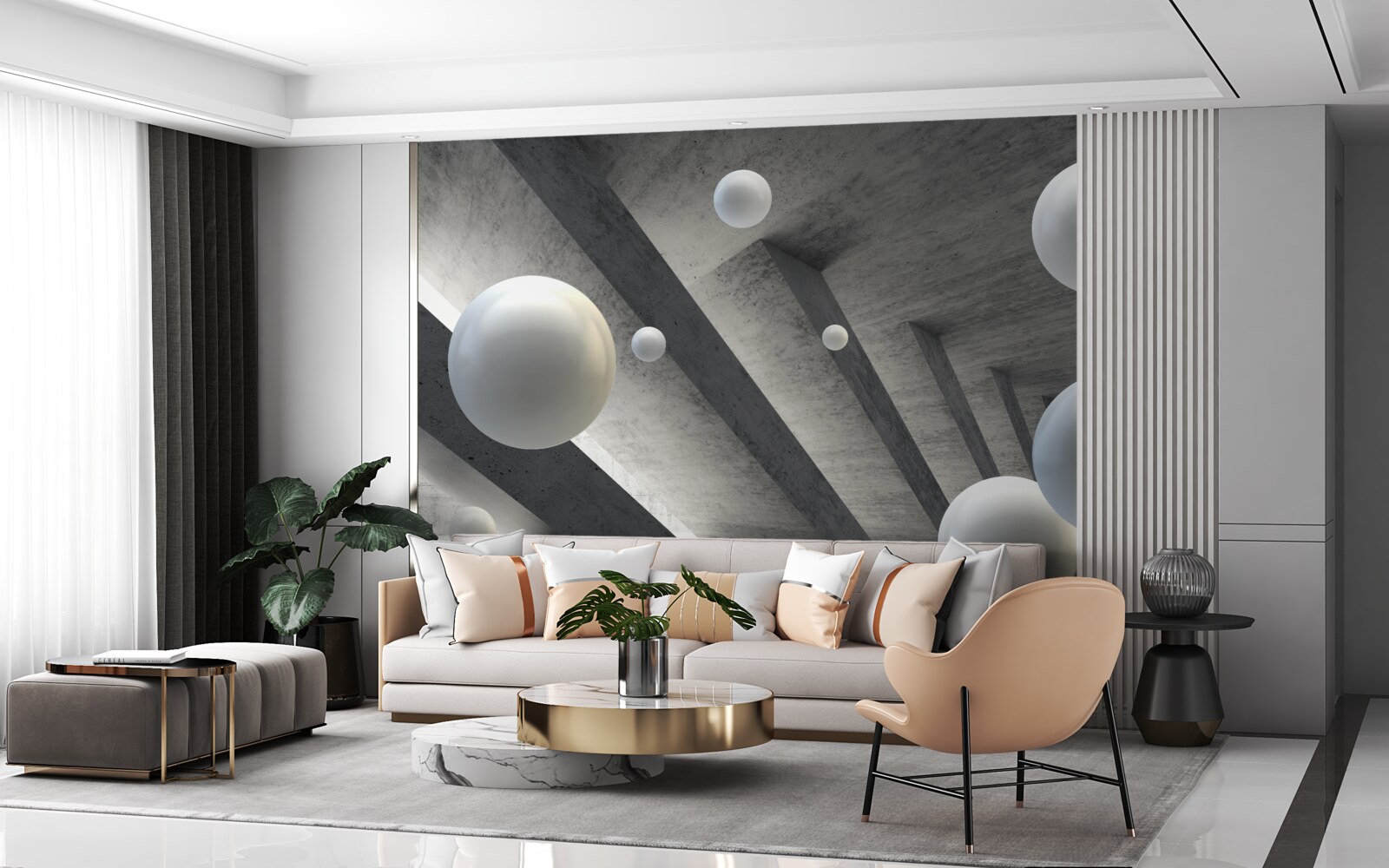 Фотошпалери кульки білого кольору в цементному проході