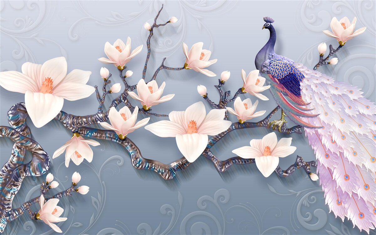 Фотошпалери чудовий павич, що сидить на гілці з бутонами