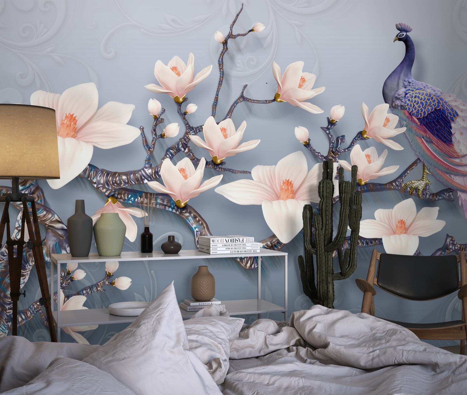 Фотошпалери чудовий павич, що сидить на гілці з бутонами