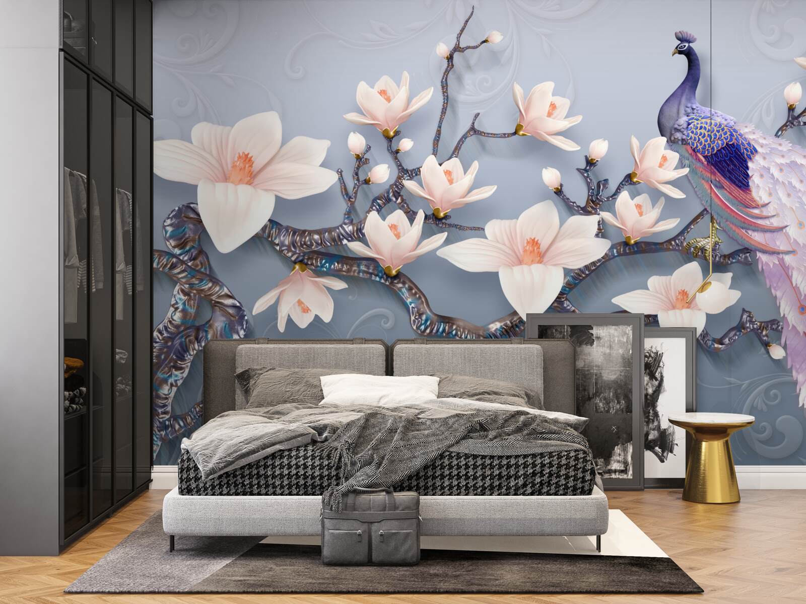 Фотошпалери чудовий павич, що сидить на гілці з бутонами