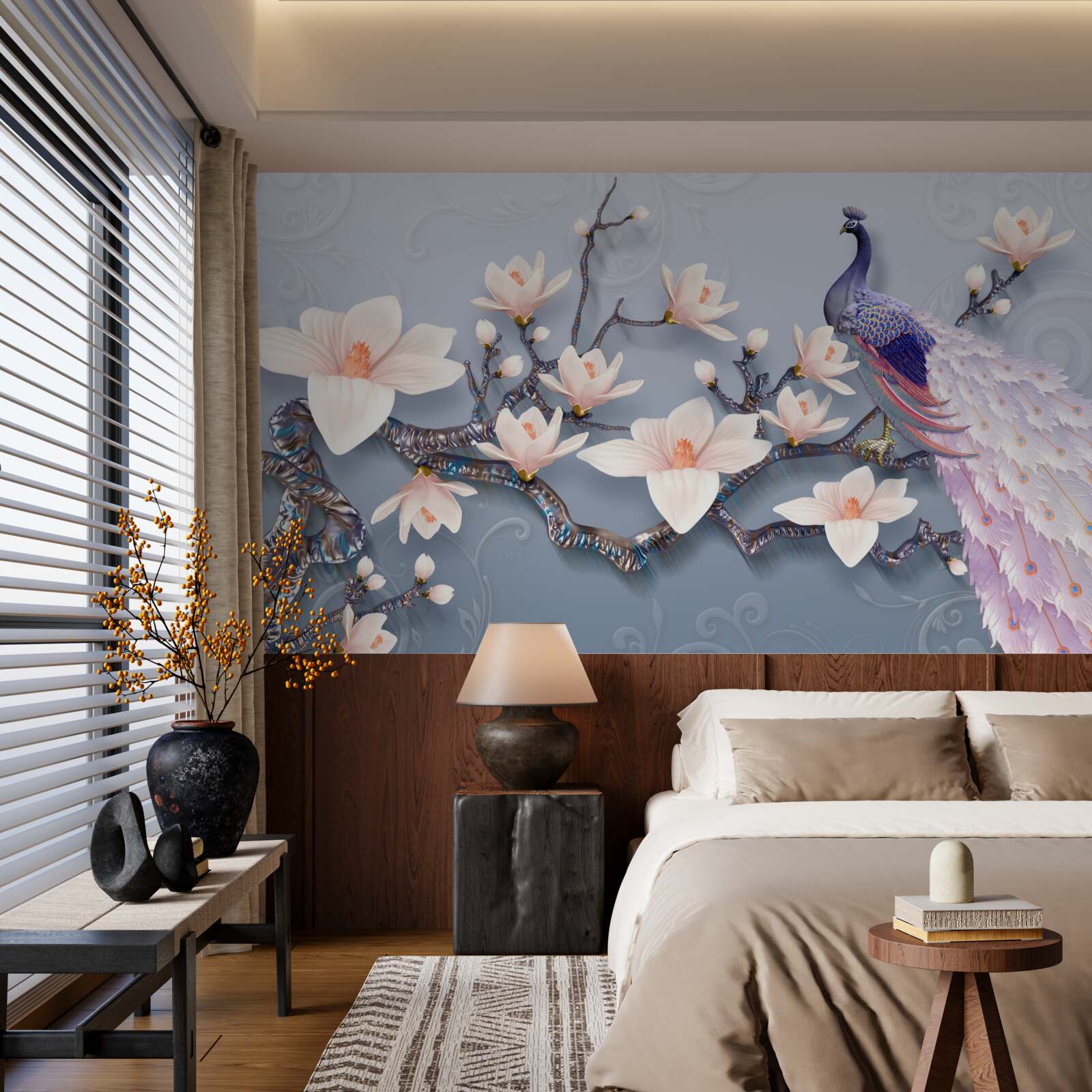 Фотошпалери чудовий павич, що сидить на гілці з бутонами