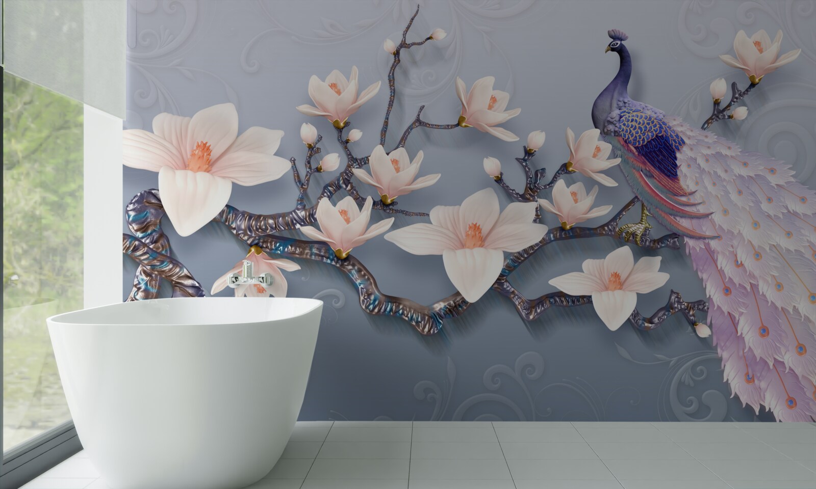 Фотошпалери чудовий павич, що сидить на гілці з бутонами